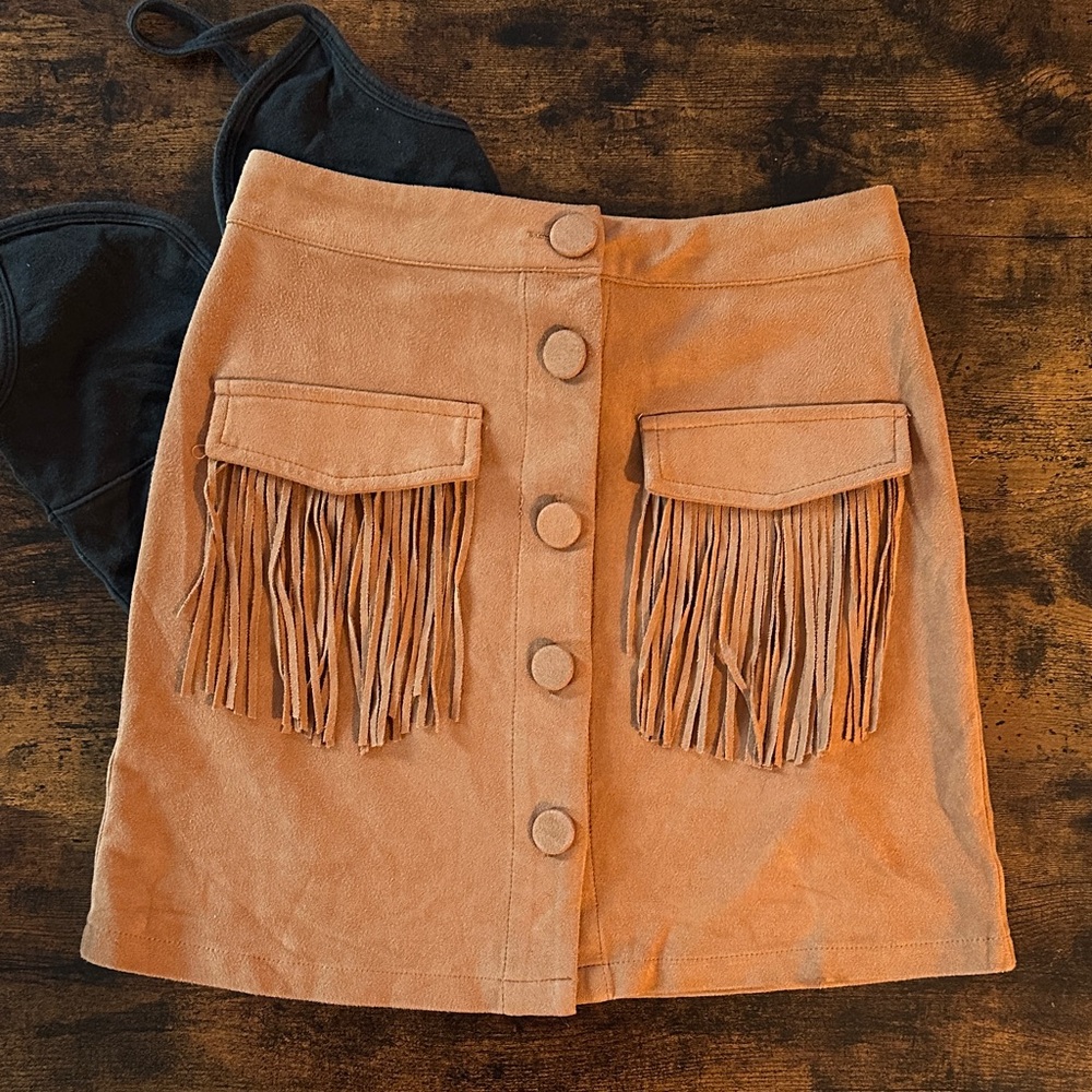 Flying Tomato Camel Fringe Mini Skirt